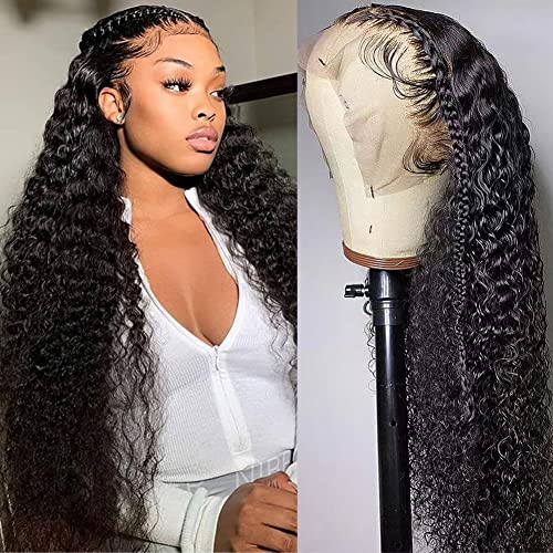 Remissin 13x4 Deep Wave Lace Front Wigs 100 Human Hair 12A HD Lace Frontal Curly Wigs for Black Women Wet and Wavy Human Hair Wigs Pre Plucked with Baby Hair 150 Density Natural Black(22 Inch)