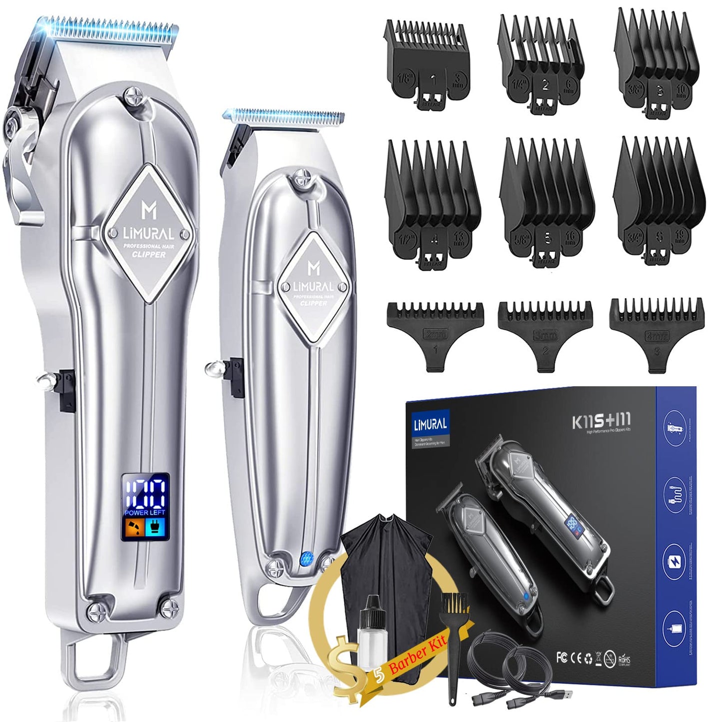 Limural PRO Professional Hair Clippers and Trimmer Kit - Cordless Barber Clipper + T Blade Outliner Combo, Complete Hair Cutting Kits with 9 Premium Guards, LED Display, Taper Lever & 5 Hrs Runtime