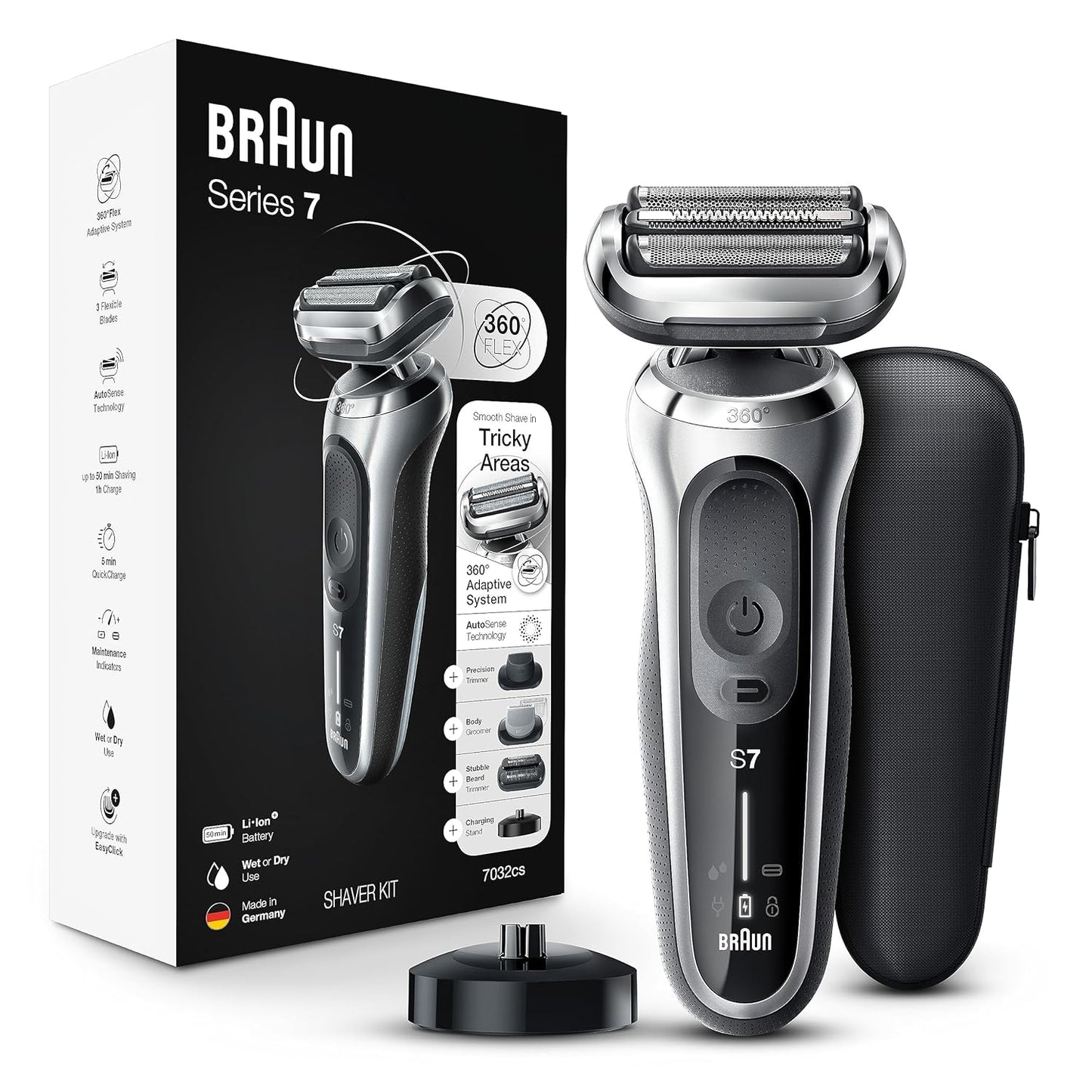 Braun Series 7 7032cs Flex Electric Razor for Men, Wet & Dry, Electric Razor, Rechargeable, Cordless Foil Shaver with Beard Trimmer and Charging Stand, Silver