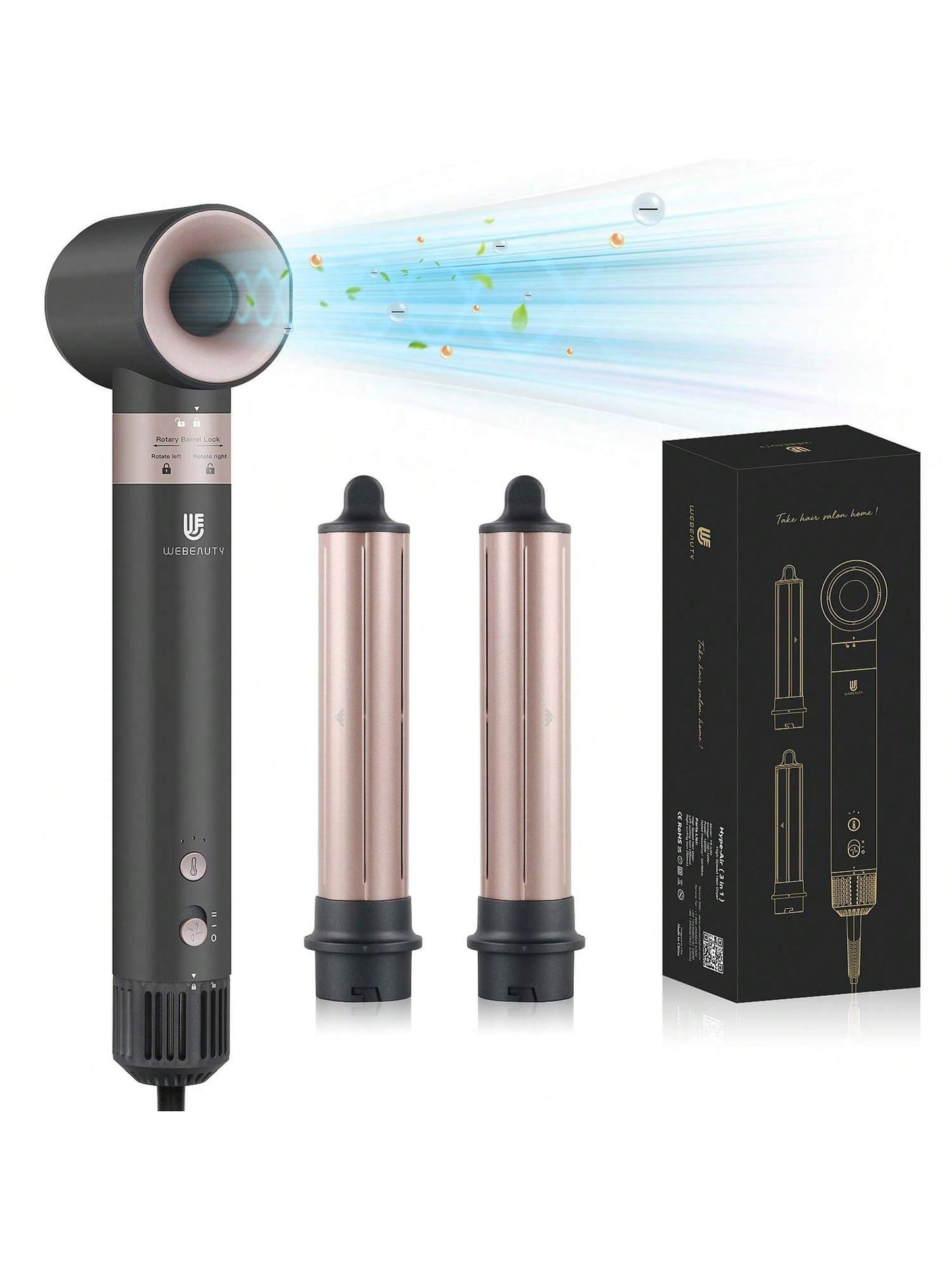 Webeauty Curling Iron Hair Dryer: Auto Wrap Curling Wand 1 1/4 Inch Automatic Hair Curler, Ceramic Negative Ionic Blow Dryers Hot Air Fast Drying Tools Set With Extra Long Barrel For Styling Waves