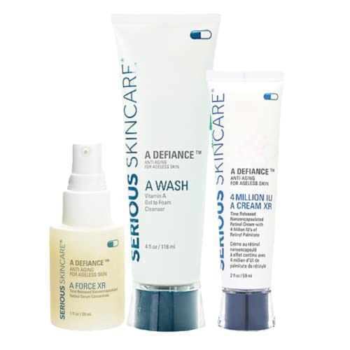 Serious Skincare A Defiance Retinol Face and Neck Trio - Anti-Aging for Fine Lines & Wrinkles - A Force XR Serum 1 oz - 4 Million IU A Cream XR Moisturizer 2 oz - A Wash Gel-to-Foam Cleanser 4 oz