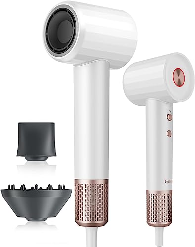 Fentgo High Speed Ionic Hair Dryer with Diffuser, Professonal Blow Dryer 110,000 RPM Brushless Motor for Fast Drying, 1500W 4Temps /2Speeds, Thermo-Control Hairdryer for Women Home Travel (White)