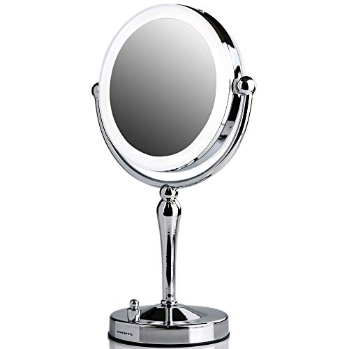 Ovente Lighted Makeup Mirror Tabletop 7.5'' 360 Degree Double Sided Spinning 1X 5X Round Magnifier, LED with Dimmer Switch, Acrylic Edge, Battery & USB Adapter Operated, Polished Chrome MKT75CH1X5X