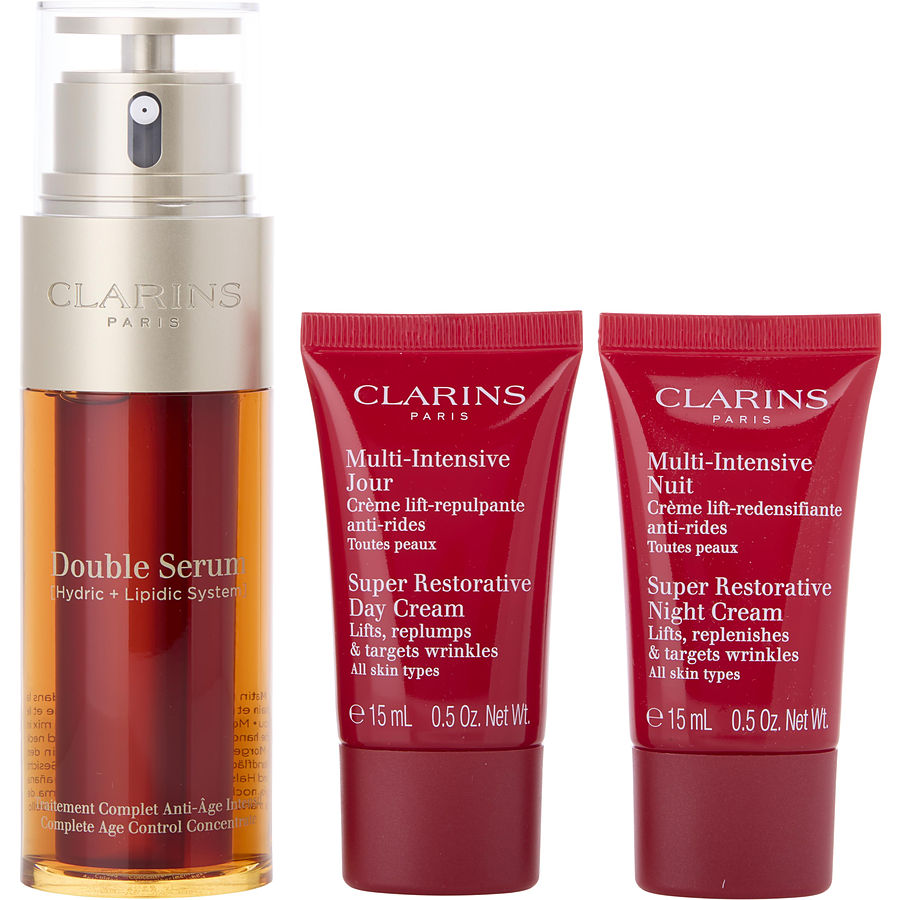 Clarins double serum 50ml + super restorative day cream ast 15ml + super restorative night cream ast 15ml + double serum eye sachet 0.9ml -4pcs
