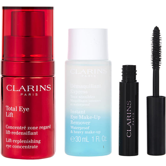 Clarins eye focus gift set: total eye lift concentrate 15ml+ eye makeup remover 30ml+ wonder perfect mascara 4d waterproof 01 black 3ml -3pcs