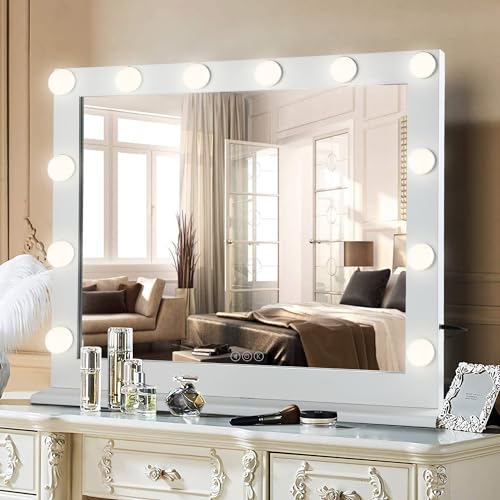 YOKUKINA Vanity Mirror with Lights, 32 Inch Hollywood Lighted Makeup Mirror with 12 Dimmable LED Bulbs for Dressing Room, Tabletop, White