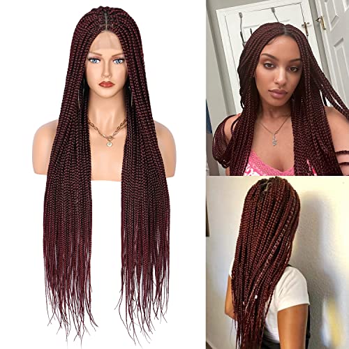 Fecihor 36" Box Braided Wigs for Women Knotless Box Braids Lace Frontal Wig With Baby Hair Embroidery Full double Lace Front Braid Wig Synthetic Ombre Burgundy Hand Braid Wigs