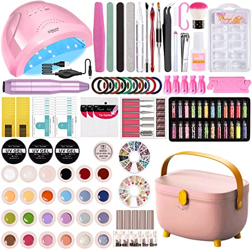 Gel Nail Polish Kit with UV Light 48W Lamp, 24 Colors Ice-through solid Gel Kit, Storage Box, Nail Drill, Top Coat Base, Art Decorations, Home DIY Manicure Sets