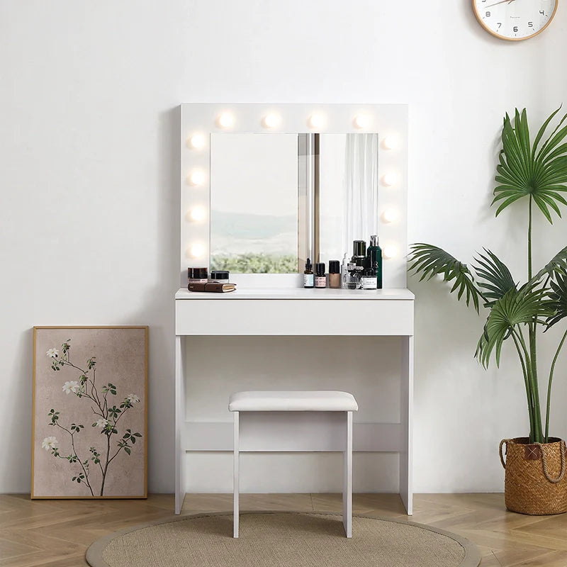 55" Modern White Makeup Vanity Set with Drawer, Lighted Mirror, & Upholstered Stool