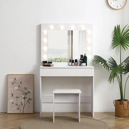 55" Modern White Makeup Vanity Set with Drawer, Lighted Mirror, & Upholstered Stool