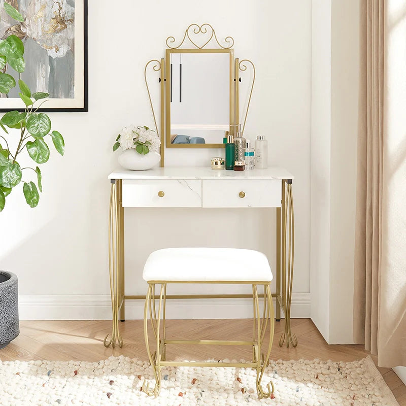 56.8" Minimalist White Makeup Vanity with Gold Legs, 2 Drawers & Stool