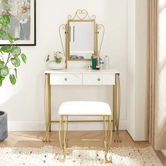56.8" Minimalist White Makeup Vanity with Gold Legs, 2 Drawers & Stool