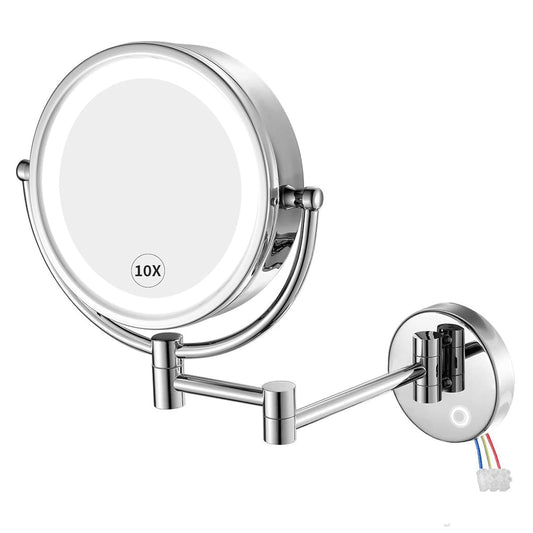 Wall Mounted Hardwired Makeup Mirror with 3 Tones Dimmable LED Lights 10x Magnifying Mirror with Touch Control for Bathroom Bedroom 13" Extendable Arm Direct Wire M1809D-T(10x,Chrome)