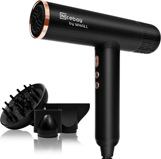 Nicebay® Ionic Hair Dryer, Professional Blow Dryer with 3 Attachments, 110000RPM High-Speed Brushless Motor for Fast Drying, Lightweight, Low Noise, 1600W Hairdryer with Diffuser