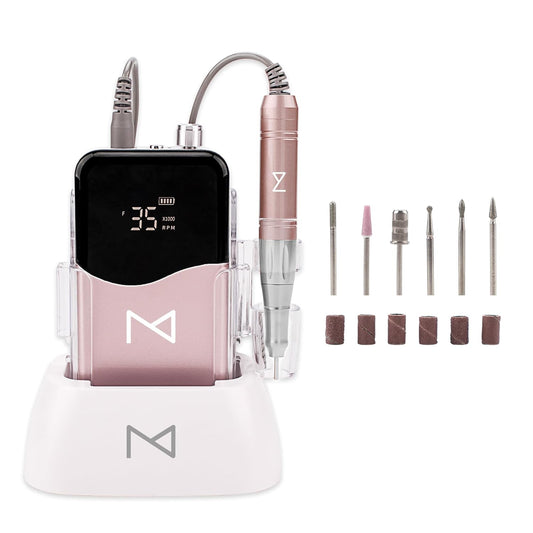 M - Professional 2 in 1 Cordless Rechargeable & Desktop Portable 35000 RPM HD Display Coreless Motor Acetone Resistant Manicure E File Nail Drill Machine (Rose Gold)