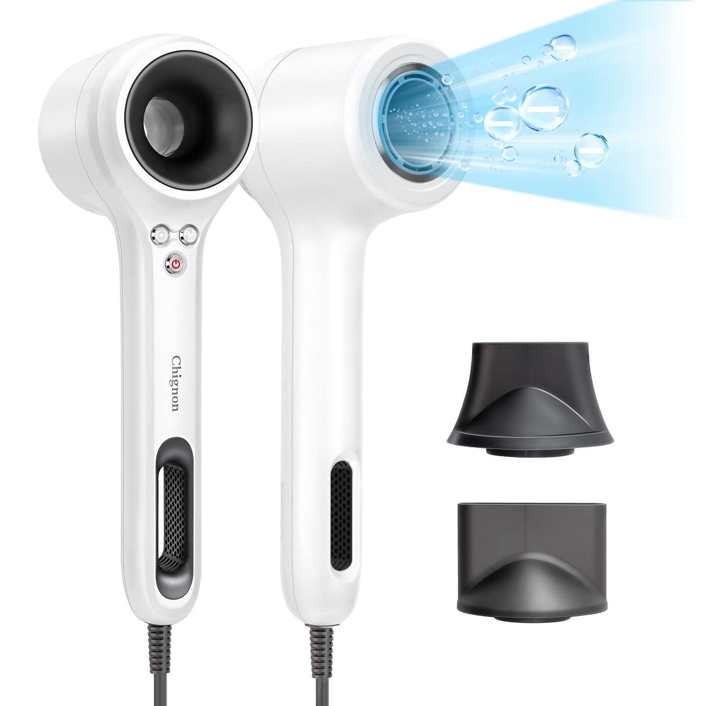 Chignon High Speed Hair Dryer,120000 RPM Ionic Leafless Hair Dryer for Fast-Drying,Quiet Smart Control Hair Dryer with Diffuser and Magnetic Nozzle, Black (White)