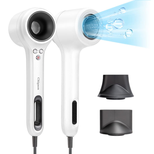 Chignon High Speed Hair Dryer,120000 RPM Ionic Leafless Hair Dryer for Fast-Drying,Quiet Smart Control Hair Dryer with Diffuser and Magnetic Nozzle, Black (White)