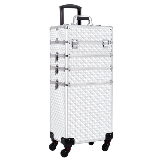 AROUS Rolling Makeup Train Case Large Storage Cosmetic Trolley 4 in 1 Large Capacity Trolley Makeup Travel Case with Key Swivel Wheels Salon Barber Case Traveling Cart Trunk, Silver
