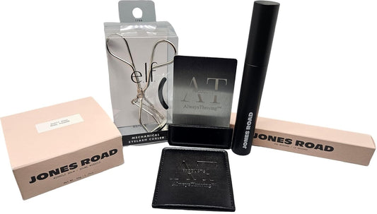 Ultimate Jones Road & e.l.f. Beauty Bundle: Jones Road Miracle Balm, Jones Road Mascara - e.l.f. Eyelash Curler - AlwaysThrivingª Travel Wallet Mirror (Dusty Rose)