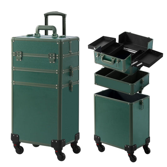 Somduy Makeup Train Case, Rolling Makeup Case, 3 in 1 Cosmetology Case on Wheels, Christmas Gift, Large Makeup Case Organizers, Profesional Cosmetic Case for Salon Barber, Green