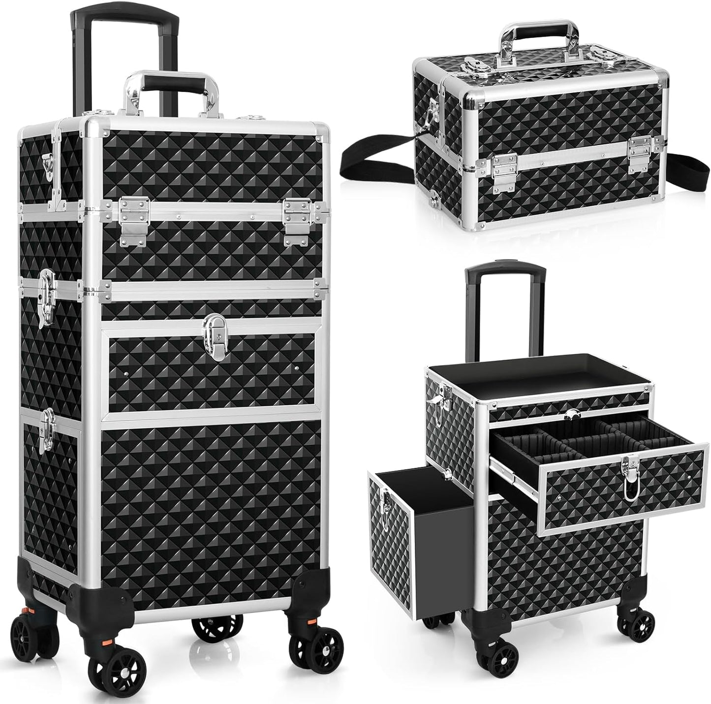Professional Rolling Makeup Train Case, Multi-functional Cosmetic Trolley with 360¡ Swivel Wheels Keys, Large Storage Traveling Cart Trunk, Cosmetic Train Cases for Nail Technicians Hairstylist