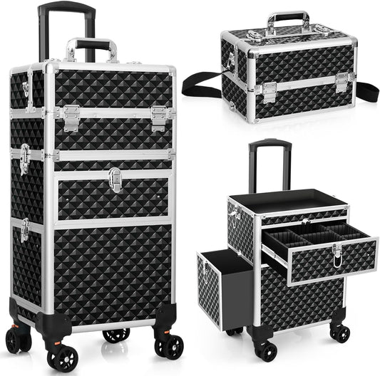Professional Rolling Makeup Train Case, Multi-functional Cosmetic Trolley with 360¡ Swivel Wheels Keys, Large Storage Traveling Cart Trunk, Cosmetic Train Cases for Nail Technicians Hairstylist