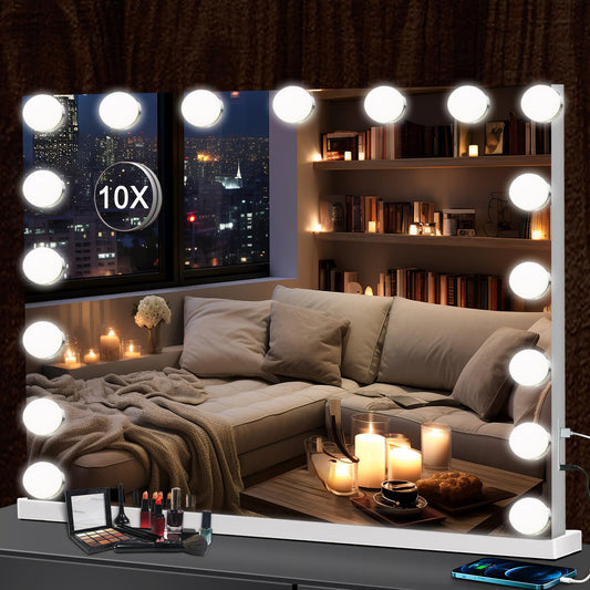 Abesthink Vanity Mirror with Lights, 24" x 21" LED Makeup Mirror, Hollywood Lighted Mirror with 17 Dimmable LED Bulbs, 3 Colors Modes,Touch Control,USB Charging Port,Metal Frame,Wall Mount White