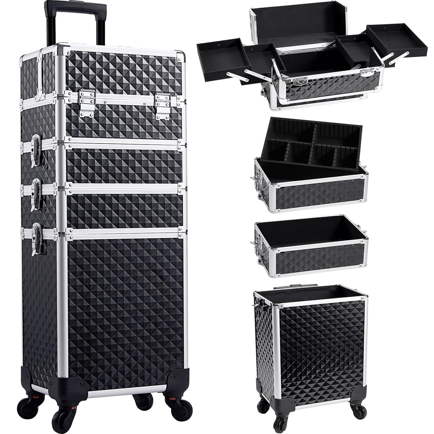 Yueieoun Professional Rolling Makeup Case with Wheels, 4-in-1 Makeup Train Case, Cosmetic Makeup Trolley Cart Travel Cosmetology Case On Wheels with Key for MUA, Hairstylists, Nail Tech, Black