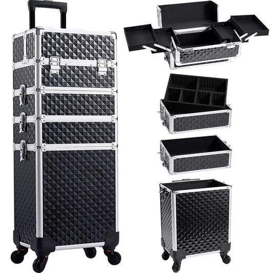 Yueieoun Professional Rolling Makeup Case with Wheels, 4-in-1 Makeup Train Case, Cosmetic Makeup Trolley Cart Travel Cosmetology Case On Wheels with Key for MUA, Hairstylists, Nail Tech, Black