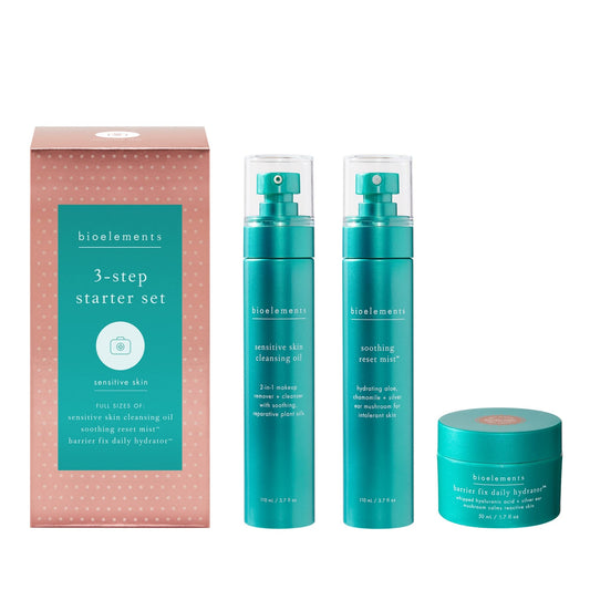 Bioelements 3-Step Starter Set: Sensitive Skin - Includes Cleansing Oil, Soothing Reset Mist Toner & Barrier Fix Daily Hydrator Moisturizer - Vegan, Gluten Free - Never Tested on Animals