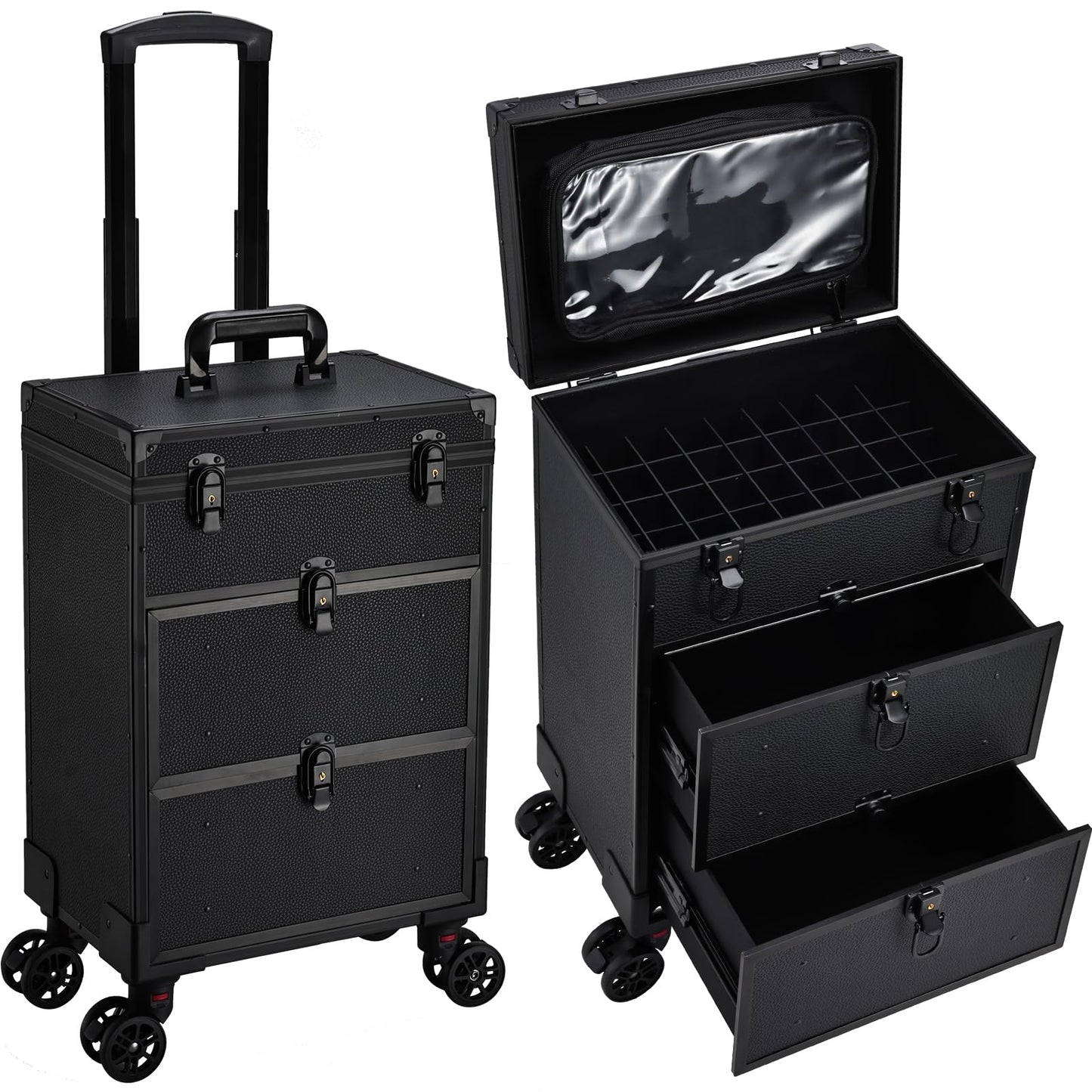 Faquenc Rolling Makeup Train Case with 2 Extra Large Drawers Nail Organizer Case with Wheels Traveling Cosmetology Case with Makeup Pouch for Mobile Stylist Artists Nail Salon Cart Trunk Black
