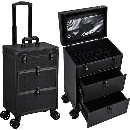 Faquenc Rolling Makeup Train Case with 2 Extra Large Drawers Nail Organizer Case with Wheels Traveling Cosmetology Case with Makeup Pouch for Mobile Stylist Artists Nail Salon Cart Trunk Black