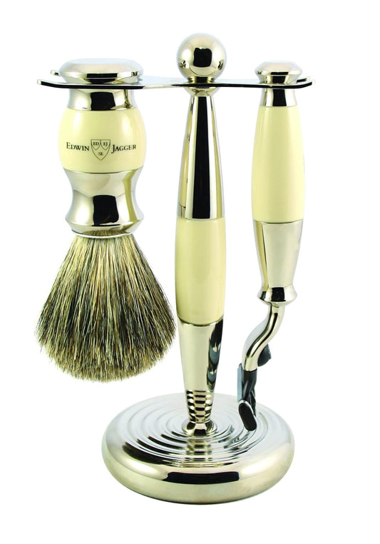 Edwin Jagger Shaving Gift Set - Imitation Ivory Pure Badger Shaving Brush, Gillette Mach 3 Razor and Stand