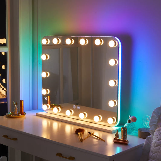 LUXFURNI Hollywood Mirror with Lights, Makeup Mirror with RGB Color Changing LED Lighted, Vanity Tabletop Mirror with 18 Dimmable Bulbs, 3 Color Mode, Touch Control
