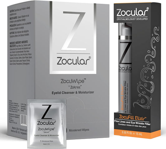 Zocuwipe Eyelid Wipes with Okra Complex - Eyelid Cleanser and Moisturizer Pads 40ct + Zocufill Elixir Eye Gel and Face Serum