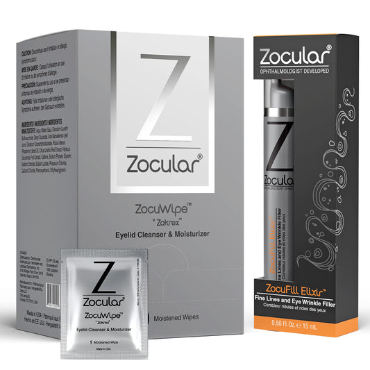 Zocular Zocuwipe Eyelid Wipes with Okra Complex - Eyelid Cleanser and Moisturizer Pads 40ct + Zocufill Elixir Eye Gel and Face Serum