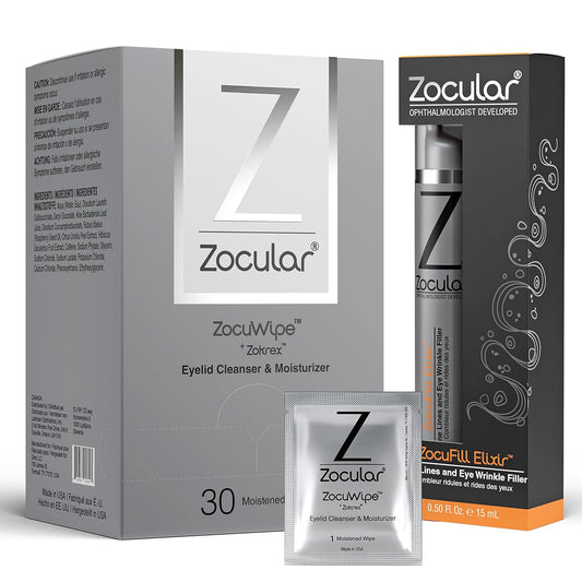 Zocuwipe Eyelid Wipes with Okra Complex - Eyelid Cleanser and Moisturizer Pads 30ct + Zocufill Elixir Eye Gel and Face Serum