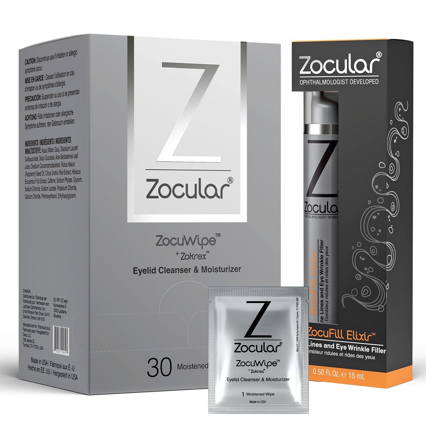 Zocular Zocuwipe Eyelid Wipes with Okra Complex - Eyelid Cleanser and Moisturizer Pads 30ct + Zocufill Elixir Eye Gel and Face Serum