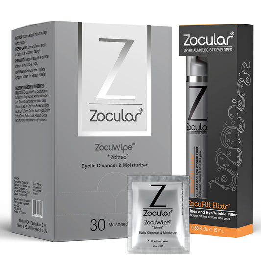 Zocular Zocuwipe Eyelid Wipes with Okra Complex - Eyelid Cleanser and Moisturizer Pads 30ct + Zocufill Elixir Eye Gel and Face Serum