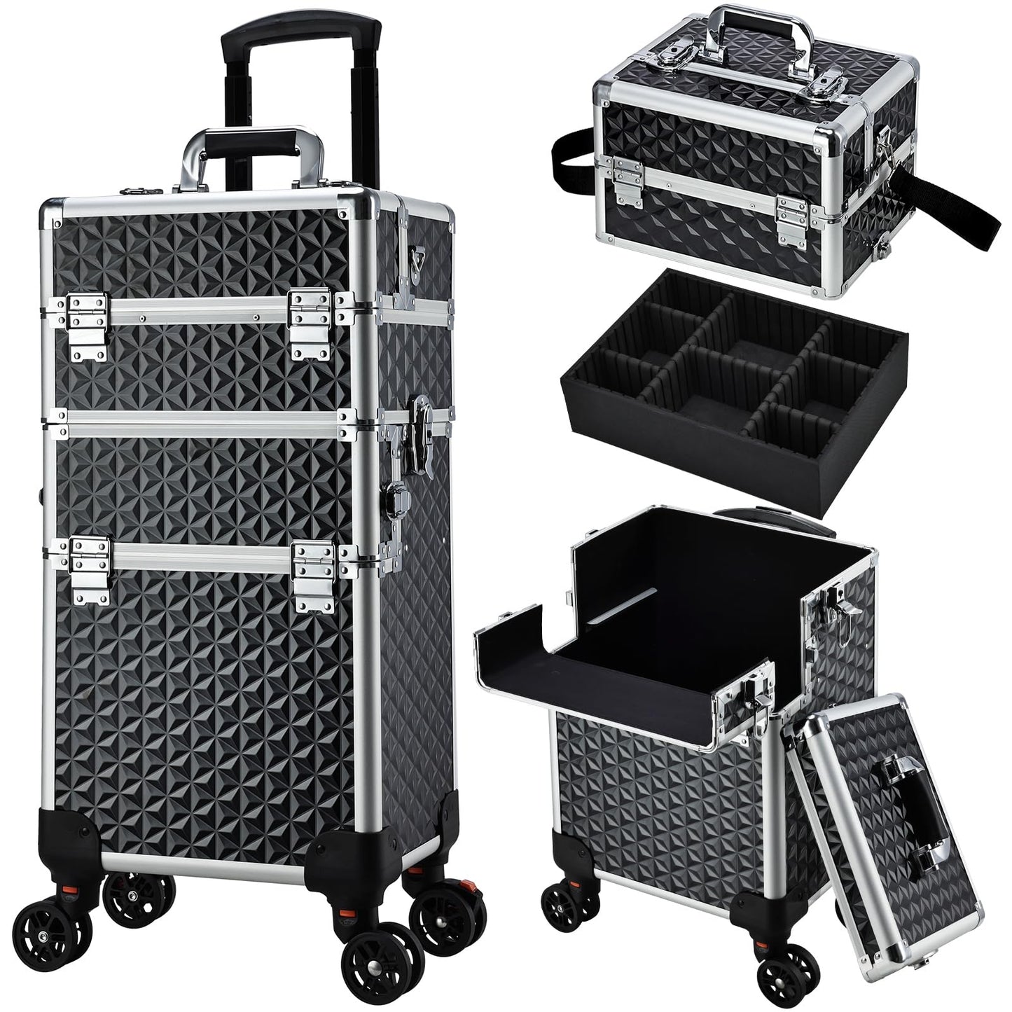 Yueieoun Professional Rolling Makeup Case, 3 in 1 Train Case on Wheels Large Makeup Trolley Salon Barber Traveling Trunk Suitcase for Cosmetology School Nail Tech Hairstylist MUA, Black