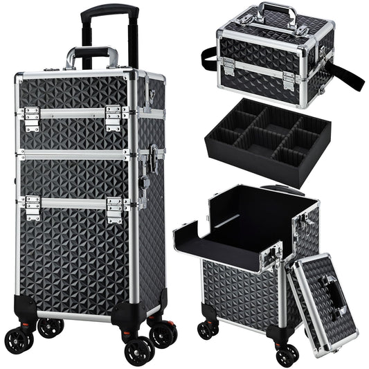 Yueieoun Professional Rolling Makeup Case, 3 in 1 Train Case on Wheels Large Makeup Trolley Salon Barber Traveling Trunk Suitcase for Cosmetology School Nail Tech Hairstylist MUA, Black