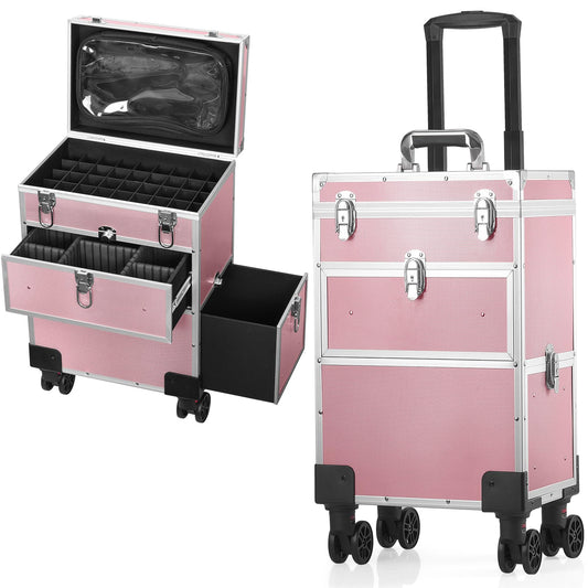 Professional Rolling Makeup Train Case, Multi-functional Manicure Cosmetic Trolley with 360° Swivel Wheels and Locks, Large Storage Makeup Organizer Rolling Nail Case for Nail Technician Artists