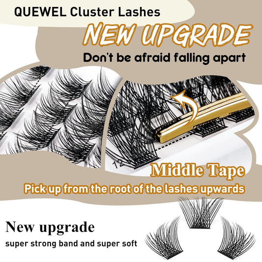 QUEWEL Cluster Lashes 72 Pcs Wide Stem Individual Lashes C/D Curl 8-16mm Length DIY Eyelash Extension False Eyelashes Natural&amp;Mega Styles Soft for Personal Makeup Use at Home (Mega-D-MIX8-16)