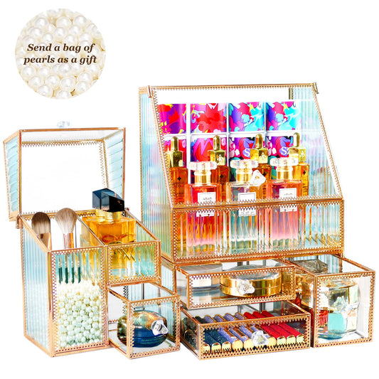Youdepot Makeup Organizer 3 Pieces Luxury Tempered Glass Skincare Organizers,Stackable Dresser Organizer and Cosmetic Organizer.