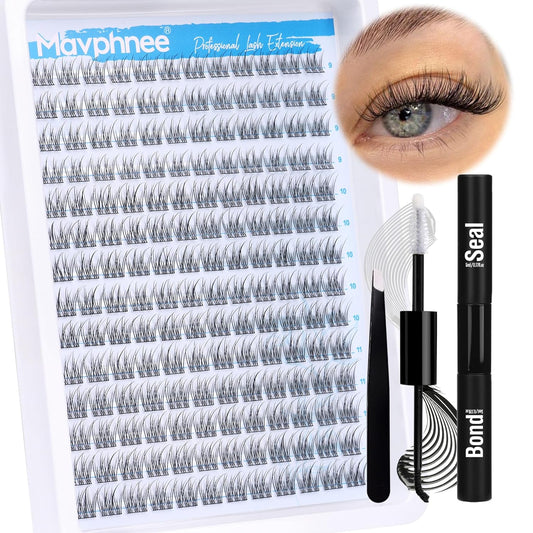 Natural Cluster Lashes Kit 168 Pcs Wispy Lash Extensions CC Curl 9-11MM Mixed Lengths Eyelash Extension Individual Kit with Lashes Bond and Seal and Tweezers DIY at Home by Mavphnee