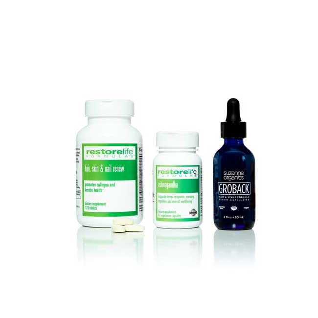 GROBACK 3-Piece Kit (Groback Hair & Scalp Formula + Hair, Skin & Nail Renew + Ashwagandha)