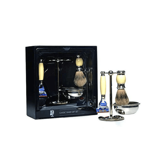 PureBadger Collection Cream 3pc Shaving Set, Faux Ivory Silvertip Shaving Brush, Fusion Razor & Stand