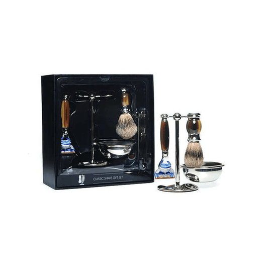 PureBadger Collection Brown 4pc Set, Faux Horn Silvertip Shaving Brush, Fusion Razor, Stand & Bowl