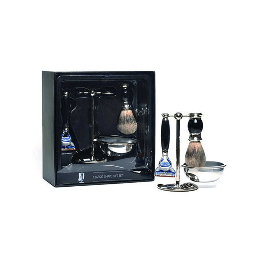 PureBadger Collection Black 4pc Set, Faux Ebony Silvertip Shaving Brush, Fusion Razor, Stand & Bowl