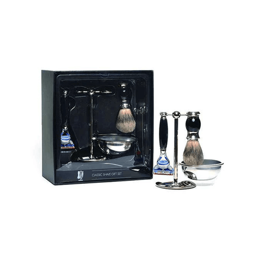 PureBadger Collection Black 4pc Set, Faux Ebony Silvertip Shaving Brush, Fusion Razor, Stand & Bowl
